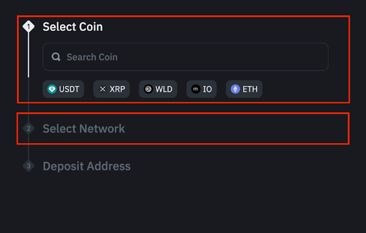 Deposit Crypto에서 USDT 선택 공식 안내 화면